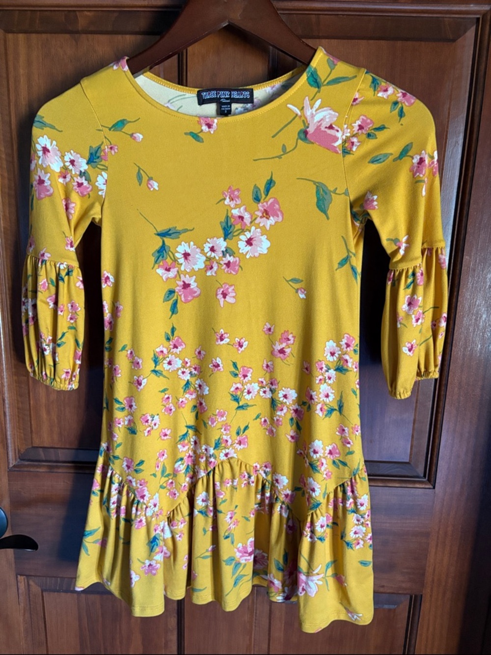 Three Hearts Yellow Floral Ruffle-Hem and 3/4 Ruffle Sleeves Dress Girls Size S